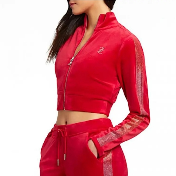 NWT Juicy Couture Bling Trim Velour Crop Track Jacket/Jogger Pants Set - Picture 2 of 4